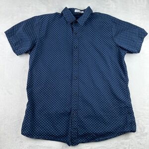 Muse Fath Mens Navy Blue Geometric Micro Print Short Sleeve Cotton Shirt Large